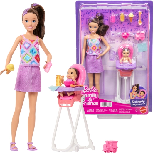 Panenka Barbie Skipper chůva s miminkem a jídelní židličkou
