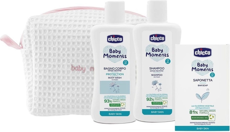 Chicco taštička kosmetická Baby Moments růžová – dárkový set pro miminka