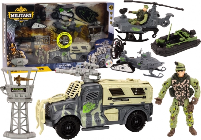 Vojenská sada s bojovým vozidlem a vrtulníkem