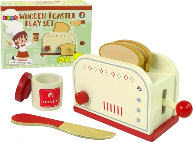 Dřevěný toustovač s kuchyňskými doplňky pro děti