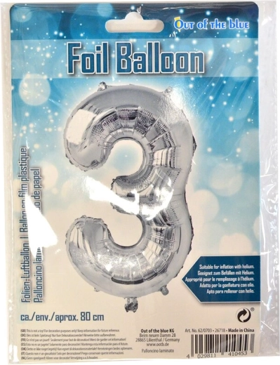 Fóliový balónek číslo 3 stříbrný 80 cm