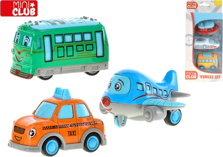 Mini Club sada veselých vozidel 7 cm – kovová autíčka na zpětný chod, 3 ks