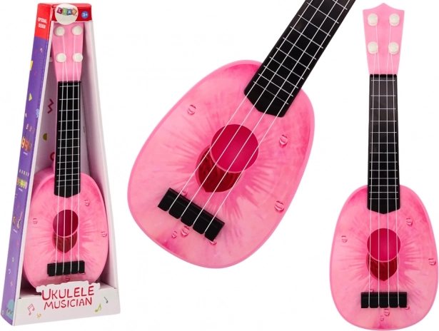Ukulele pro děti Mini kytara 4 struny motiv broskvě růžová