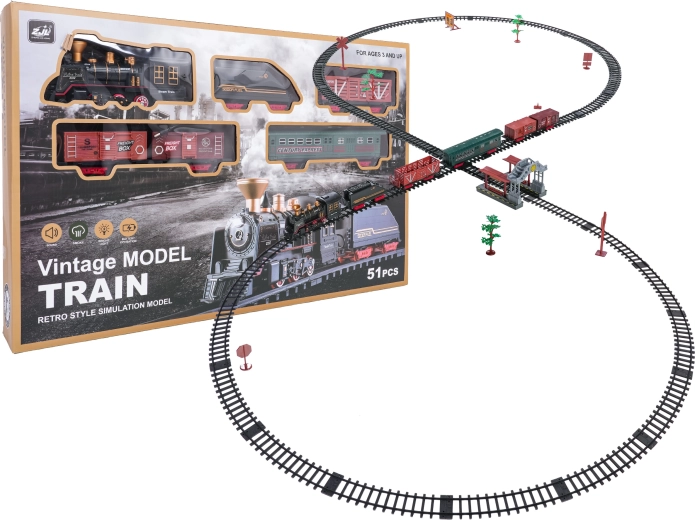 retro vláček s kouřem, světly a zvuky