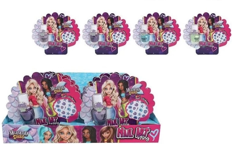 Mermaid Stars dětská sada na zdobení nehtů 4× 5 ml (laky, samolepky a prstýnky)