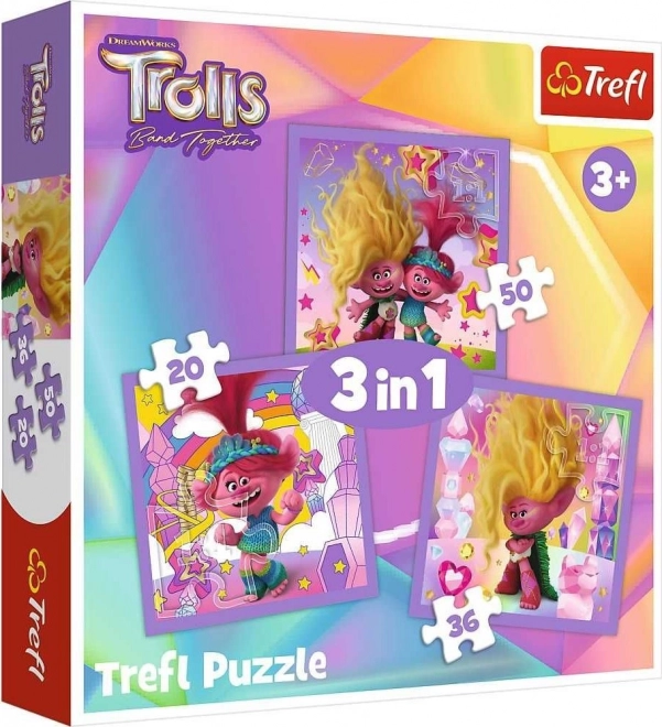 Trefl puzzle Trollové 3v1 – Seznamte se s Trollíky (20, 36 a 50 dílků)
