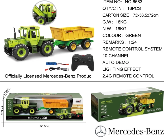 Dálkově ovládaný zelený traktor Mercedes-Benz s žlutým přívěsem 1:24