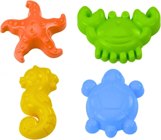 Mořské formičky na písek, sada 4 ks: krab, želva, hvězdice, koník - žlutá, zelená