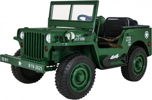 Retro vojenské dětské auto pro 3 děti zelený jeep willys 4x4
