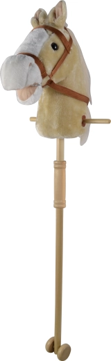 Béžový koník na tyči se zvuky a kolečky, odnímatelná dřevěná tyč (95 cm)