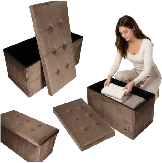 Skládací velurová pufa s úložným prostorem 77 × 38 × 37 cm hnědá