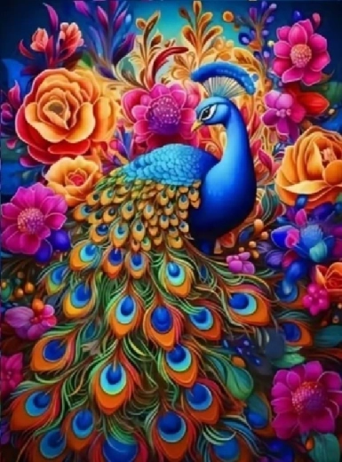 Diamantové malování páv s barevnými květinami 30 × 40 cm