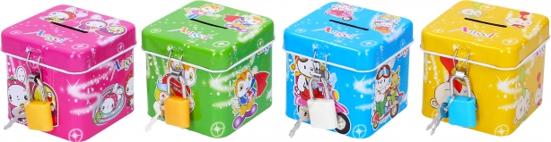 Plechová pokladnička se zámkem kostka 6,5 × 6 cm, více barev