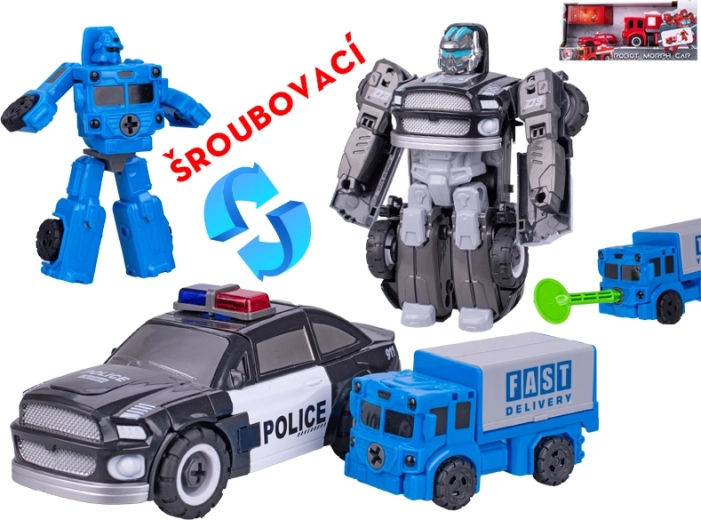 Transformační záchranná auta na roboty – policejní a hasičské, set 2 ks