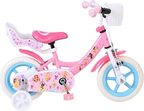 Dětské kolo 12" Disney Princess s balančními kolečky, košíkem a sedačkou pro panenku