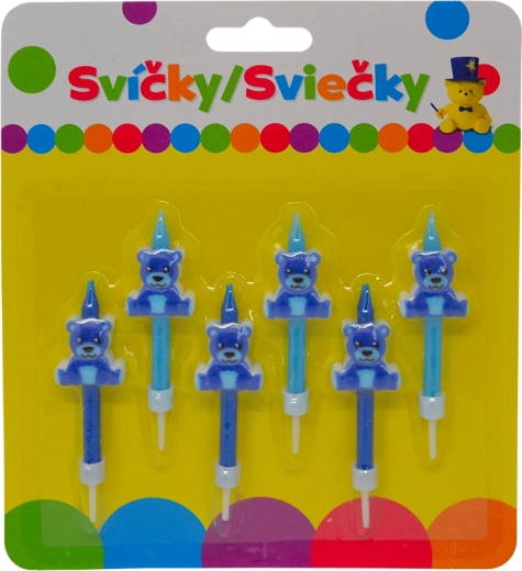 Narozeninové svíčky s modrým medvídkem a držákem, 6 ks