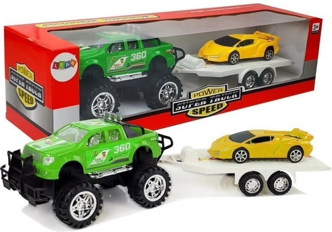 Sada vozidel - sportovní auto žluté, terénní auto zelené s třecím pohonem