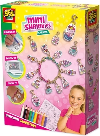 SES Creative Mini Shrinkies – jednorožčí sladkosti, kreativní sada na přívěsky a náramek