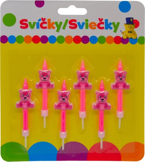 Narozeninové svíčky s růžovým medvídkem na držáku, 6 ks