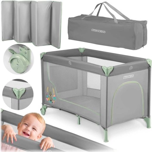 Cestovní dětská postýlka Kikkids šedo-mátová 125 × 65 × 78 cm s matrací a taškou