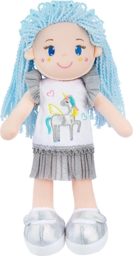 Látková panenka s modrými vlasy a jednorožcem