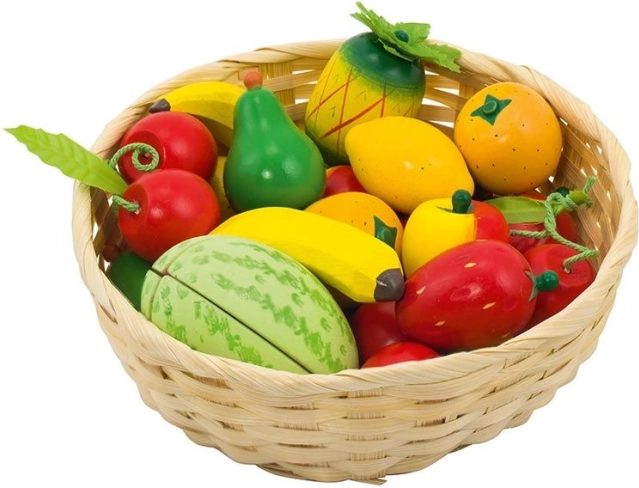 Dřevěné ovoce v košíku – sada 23 ks