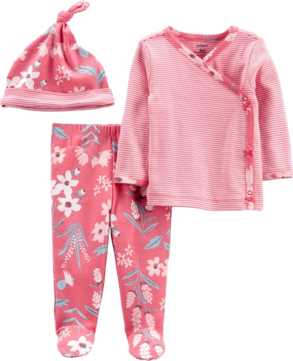 Carter’s dívčí set Pink Flower – zavinovací tričko s dlouhým rukávem, polodupačky a čepice