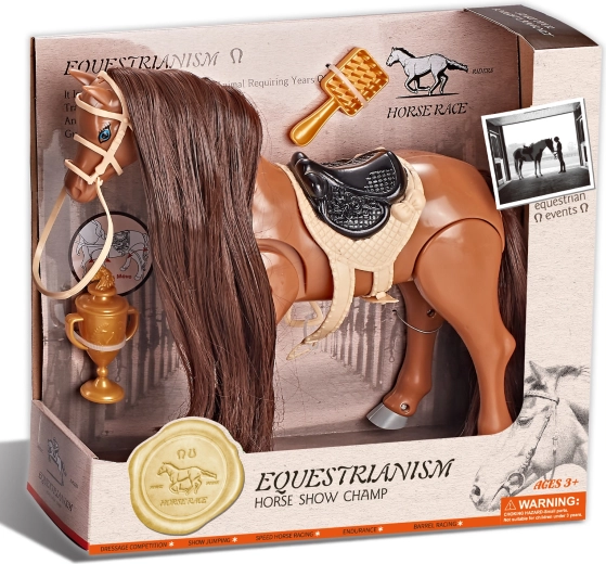 Jezdecký hnědý kůň se zvukem a příslušenstvím