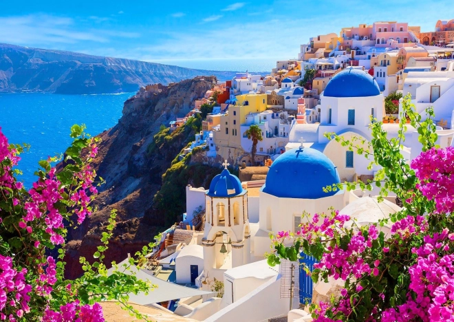 Puzzle Santorini s květinami, Řecko 1000 dílků