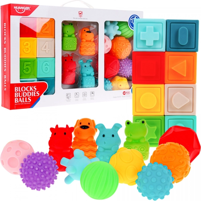 Mega sada 20 smyslových míčků, kostek a zvířátek pro děti 6m+