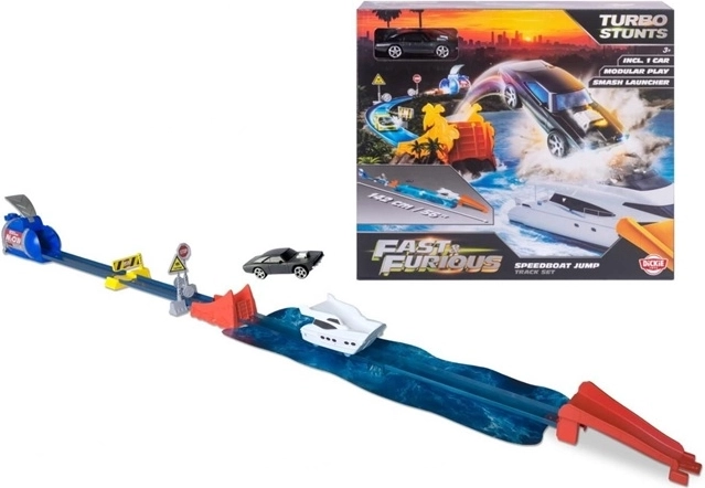 Kaskadérská závodní dráha Fast & Furious Speedboat Jump s autem Dodge Charger 1970