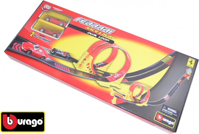Bburago Ferrari Race & Play dualní smyčka s 2 auty a přenosným boxem 1:43