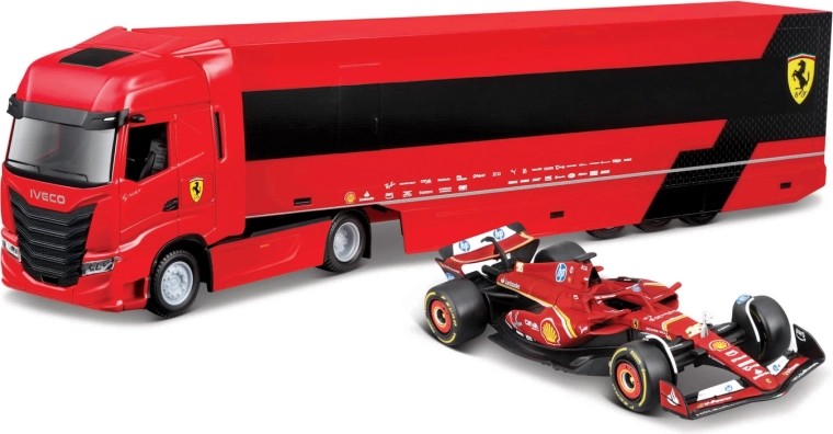 Bburago Ferrari racing tahač Iveco s návěsem a F1 Ferrari SF-24 2024 (Charles Leclerc) 1:43