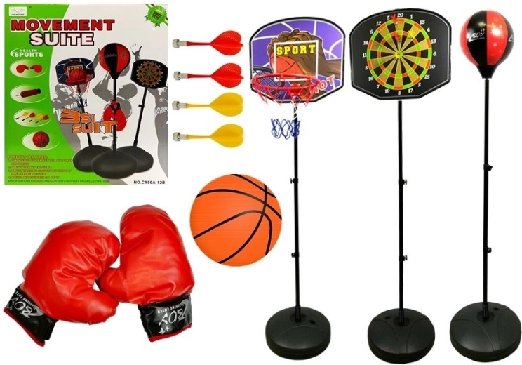 Dětská sportovní sada 3v1 – basketbal, box a magnetické šipky