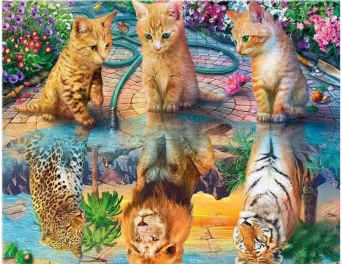 Diamantové vyšívání (diamond painting) zrcadlový odraz – leopard, lev a tygr 40 × 30 cm