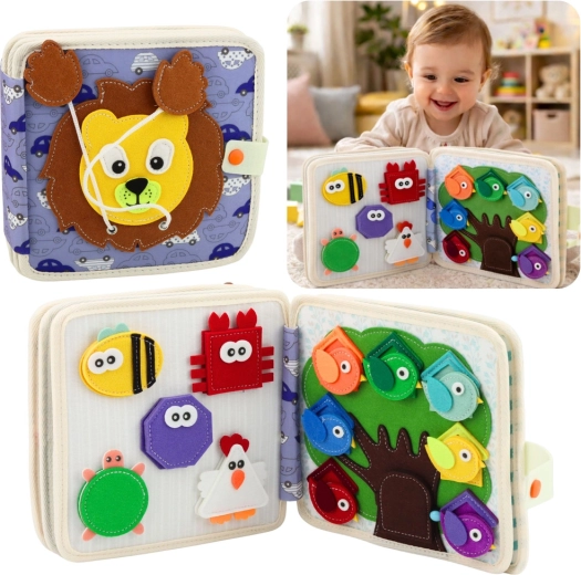 Smyslová filcová knížka Džungle – lev, Montessori aktivní kniha pro děti