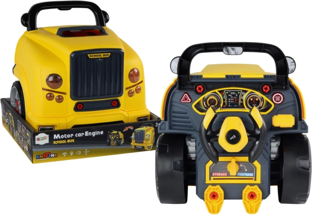 Dětský montážní autobus – žlutý dílenský bus s motorem k rozebírání