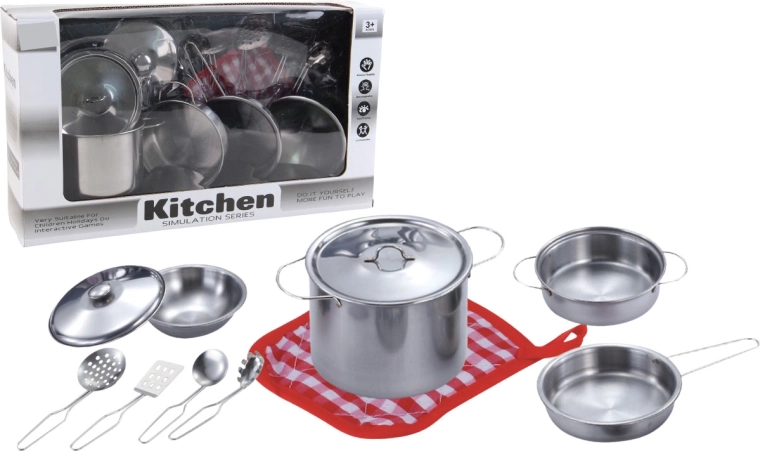 Kovová sada dětského nádobí s příslušenstvím, 11 ks