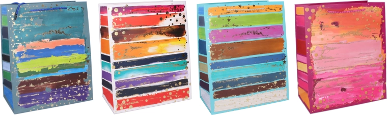 Dárková taška M 26 × 32 × 10 cm – celoroční, barevné pruhy a zlaté akcenty