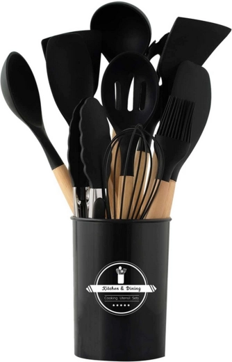 Sada kuchyňských silikonových nástrojů s dřevěnými rukojeťmi, 12 dílů