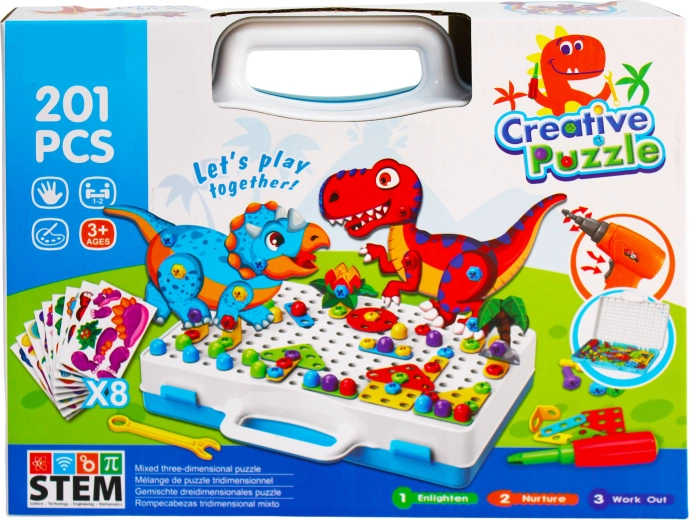 Kreativní stavebnice s dinosaury a elektrickou vrtačkou Creative Puzzle (201 dílků)