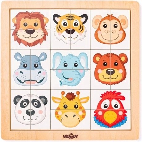 Woody dřevěné puzzle exotické zvířecí hlavičky, 18 dílků