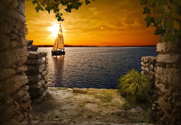 Diamantové malování – plachetnice při západu slunce 30 × 40 cm