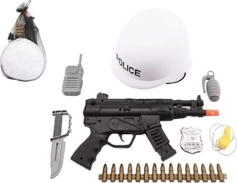 Policejní sada s helmou a setrvačníkovým samopalem pro děti