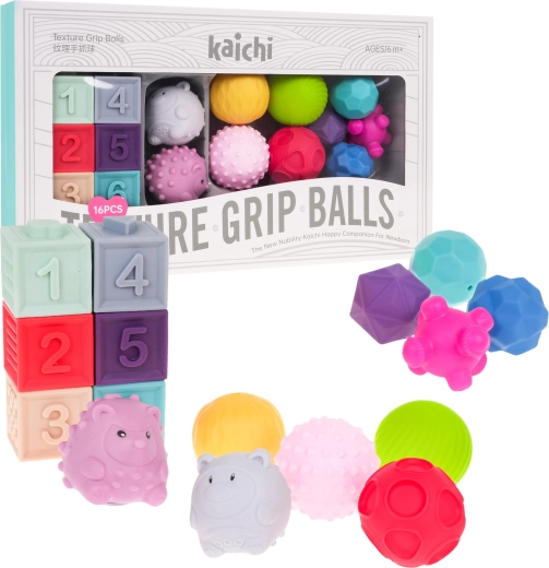 Senzorická sada z pěny pro děti 6m+ – míčky, kostky a zvířátka, 16 ks