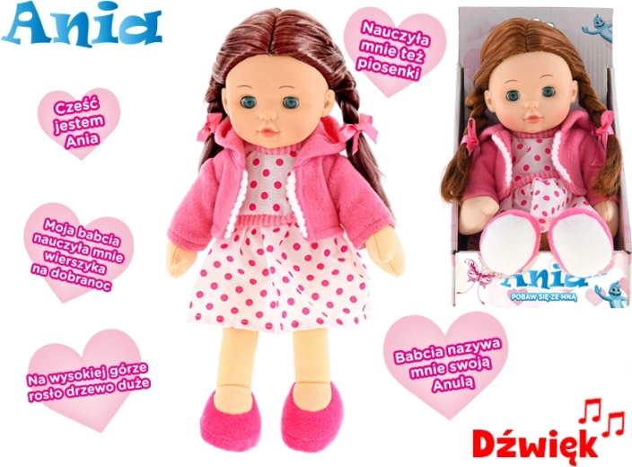 Interaktivní panenka Ania s měkkým tělíčkem, mluvící polsky, 31 cm