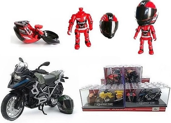 Motocykl s helmou a figurkou jezdce (1:14)