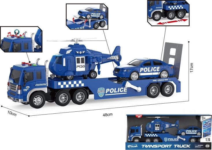 Policejní odtahový vůz 1:16 se světly, zvuky, autem a vrtulníkem