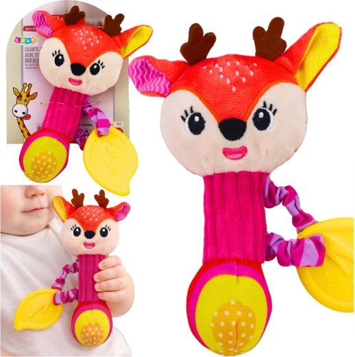 Plyšová chrastítko jelínek s kousátkem a pískátkem pro miminka