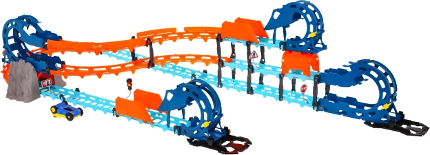 Interaktivní závodní dráha s tunelem a oboustranným autíčkem, světla a zvuky, 80 dílů